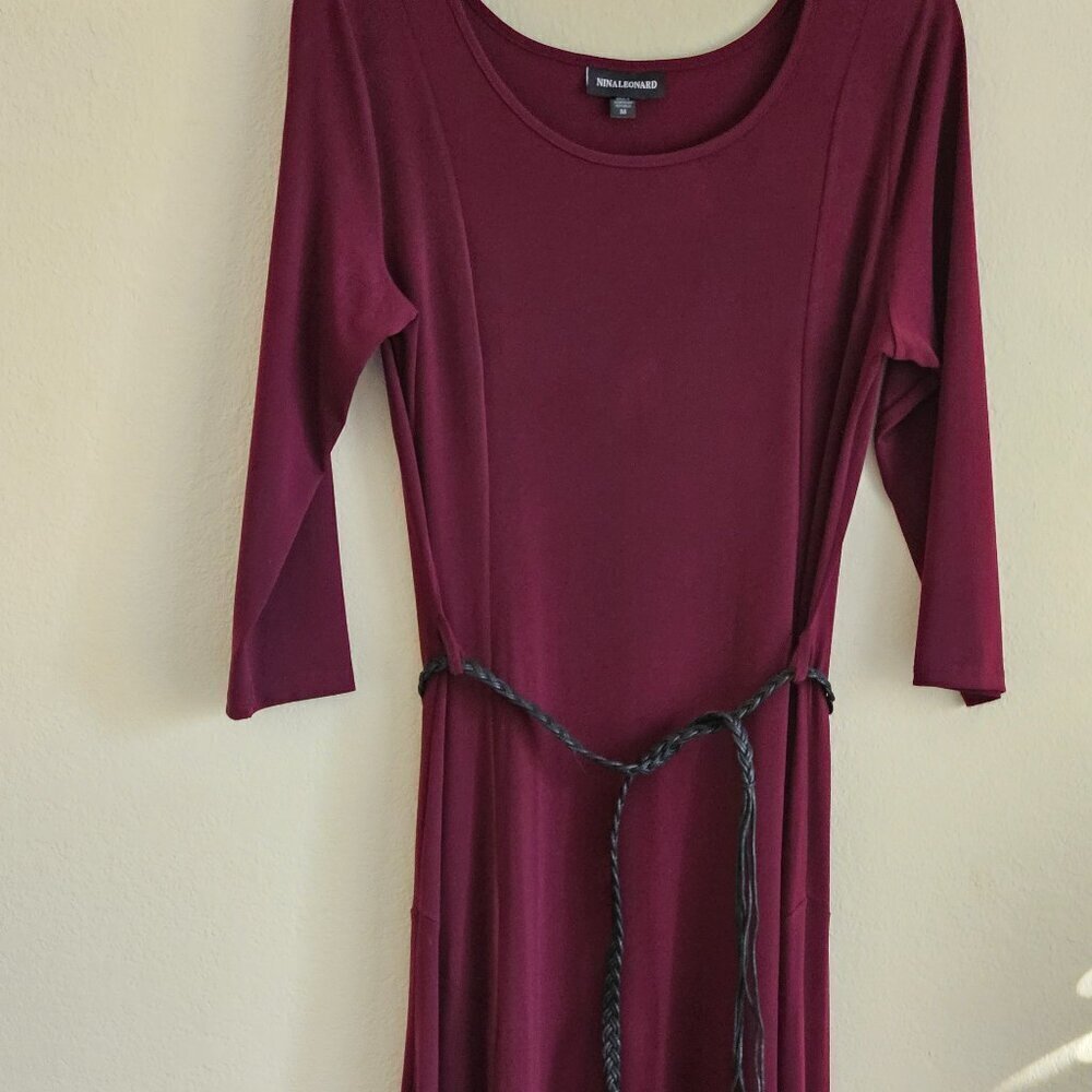 Nina Leonard dark red Burgundy Holiday dress 3/4 sleeve black belt M - Picture 5 of 5